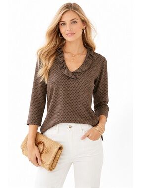 NWT J. McLaughlin Durham Ruffle Top Happy Hour Brown Catalina Cloth 3/4 Sleeve